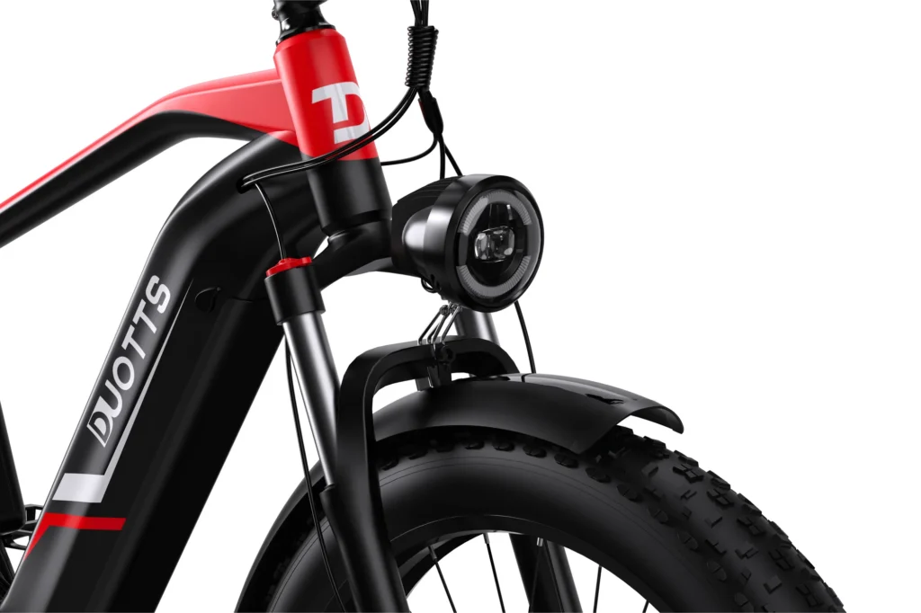 DUOTTS F26 – Power, Performance & Precision in One E-Bike⚡ detail duotts f26 best fat tire ebike black red headlight