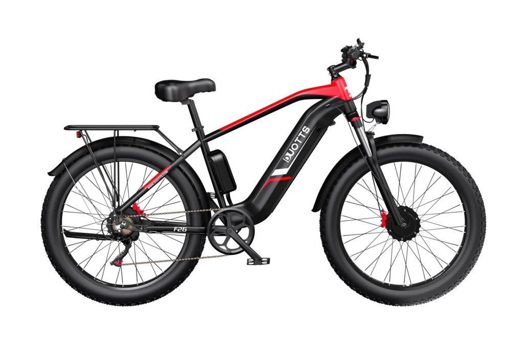 DUOTTS F26 – Power, Performance & Precision in One E-Bike⚡ full duotts f26 dual motor ebike black red unfolded view