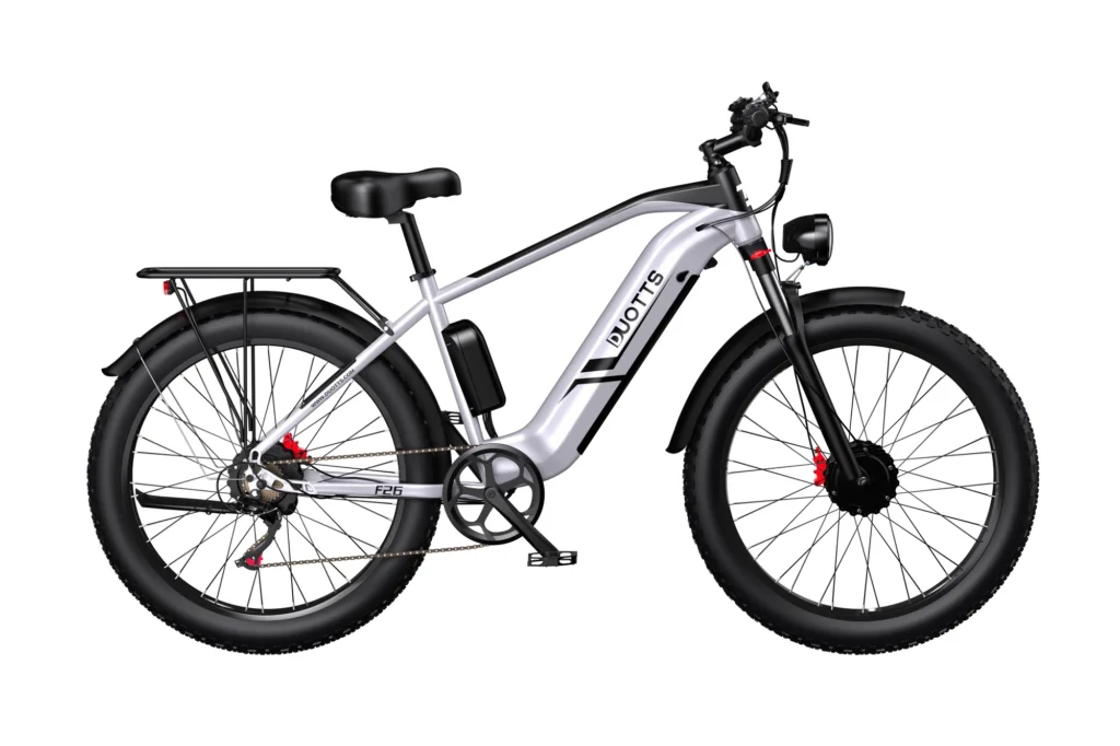 DUOTTS F26 – Power, Performance & Precision in One E-Bike⚡ full duotts f26 offroad ebike silvery white unfolded view